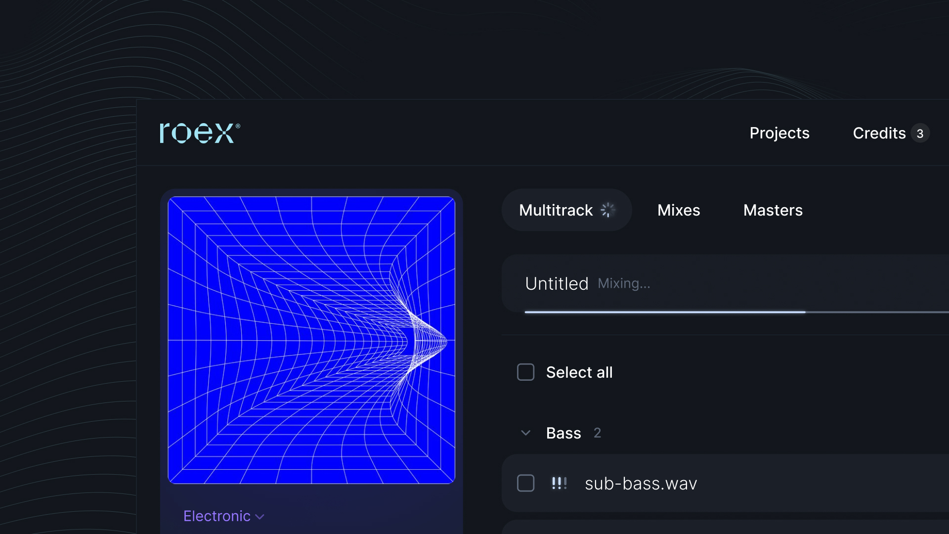 Automix project view showing an electronic track, multitrack stems, mixes and masters